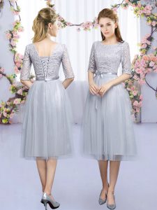 Wonderful Grey Half Sleeves Tulle Lace Up Damas Dress for Wedding Party
