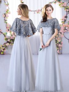 Sleeveless Tulle Floor Length Lace Up Bridesmaid Dresses in Grey with Appliques