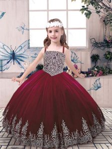 High Class Burgundy Straps Lace Up Beading and Embroidery Little Girls Pageant Dress Wholesale Sleeveless