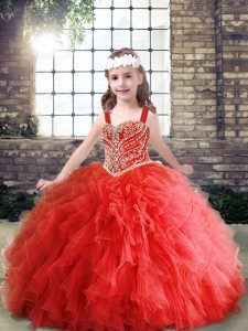 Fashionable Floor Length Red Custom Made Pageant Dress Straps Sleeveless Lace Up