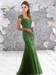 Traditional Green Tulle Zipper Prom Party Dress Cap Sleeves Floor Length Appliques