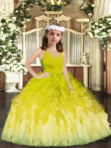 Graceful Olive Green Ball Gowns Tulle V-neck Sleeveless Ruffles Floor Length Zipper Evening Gowns