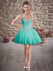Mini Length Turquoise Prom Dresses Straps Sleeveless Lace Up