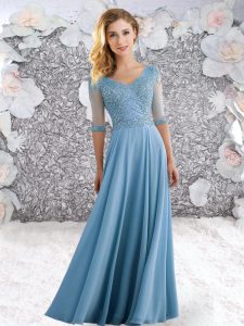Half Sleeves Chiffon Floor Length Zipper Prom Dresses in Baby Blue with Beading