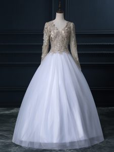 Attractive Floor Length Ball Gowns Long Sleeves White Bridal Gown Zipper