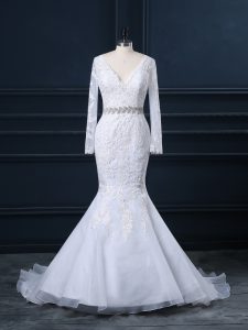 Fantastic Beading and Lace Wedding Dresses White Backless Long Sleeves Brush Train