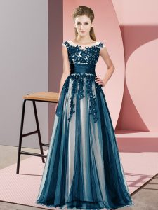Wonderful Beading and Lace Dama Dress Navy Blue Zipper Sleeveless Floor Length