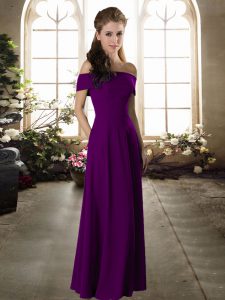 Chiffon Off The Shoulder Short Sleeves Zipper Ruching Bridesmaid Gown in Purple