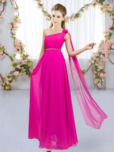 Eye-catching Beading and Hand Made Flower Bridesmaid Dresses Hot Pink Lace Up Sleeveless Floor Length