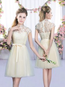 Simple Champagne Empire High-neck Cap Sleeves Tulle Mini Length Lace Up Lace and Bowknot Bridesmaid Dress
