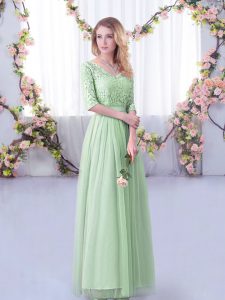 Artistic Apple Green Tulle Side Zipper Bridesmaid Gown Half Sleeves Floor Length Lace and Belt