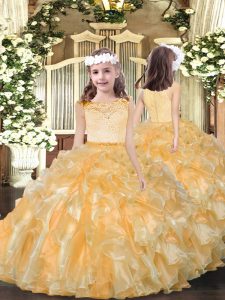 Sleeveless Floor Length Beading and Ruffles Zipper Kids Pageant Dress with Gold