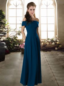 Short Sleeves Floor Length Ruching Zipper Bridesmaid Gown with Royal Blue