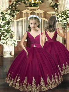 Burgundy Backless Embroidery Winning Pageant Gowns Tulle Sleeveless