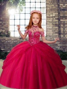 Sleeveless Floor Length Beading Lace Up Girls Pageant Dresses with Hot Pink