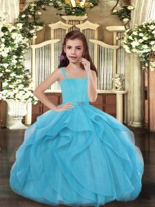 Inexpensive Ball Gowns Pageant Dresses Blue Straps Tulle Sleeveless Floor Length Lace Up