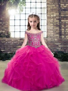 Fuchsia Tulle Lace Up Little Girls Pageant Dress Wholesale Sleeveless Floor Length Beading and Ruffles