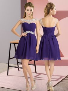 Purple Empire Bateau Cap Sleeves Chiffon Mini Length Lace Up Beading Court Dresses for Sweet 16
