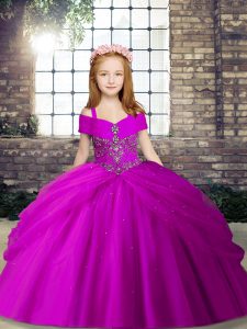 Ball Gowns Kids Formal Wear Fuchsia Tulle Sleeveless Floor Length Lace Up