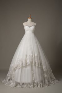 Gorgeous White Wedding Dresses Wedding Party with Beading and Lace and Hand Made Flower Sweetheart Sleeveless Court Trai