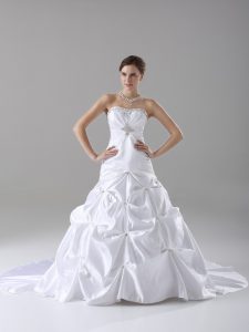 Spectacular White Strapless Lace Up Beading and Pick Ups Wedding Dress Brush Train Sleeveless