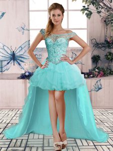 Customized Tulle Off The Shoulder Sleeveless Lace Up Beading and Ruffles Homecoming Dress in Aqua Blue