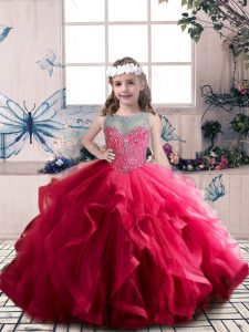 Charming Scoop Sleeveless Pageant Gowns For Girls Floor Length Beading and Ruffles Coral Red Tulle