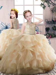 Floor Length Zipper Child Pageant Dress Champagne for Party and Sweet 16 and Wedding Party with Beading and Ruffles