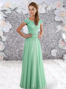 Fantastic Apple Green Homecoming Gowns Prom and Party with Beading and Lace Scoop Short Sleeves Zipper