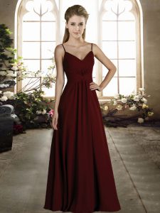 Sleeveless Chiffon Floor Length Zipper Bridesmaids Dress in Wine Red with Ruching