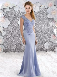 Glorious Lavender Zipper V-neck Beading Prom Dresses Satin Cap Sleeves Sweep Train