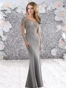 Flirting Grey Prom Party Dress Prom and Party with Beading Scoop Long Sleeves Sweep Train Zipper
