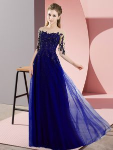 Blue Lace Up Wedding Party Dress Beading and Lace Half Sleeves Floor Length
