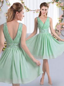 Apple Green Empire Chiffon V-neck Sleeveless Beading Knee Length Zipper Quinceanera Court of Honor Dress