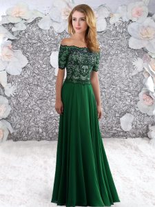 Chiffon Off The Shoulder Short Sleeves Zipper Beading and Lace Evening Dress in Green