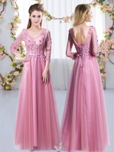 Floor Length Pink Bridesmaid Dress V-neck 3 4 Length Sleeve Lace Up
