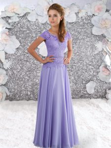 Lavender Scoop Zipper Beading and Lace Prom Dress Short Sleeves