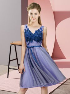 Adorable Lavender Sleeveless Knee Length Appliques Lace Up Bridesmaid Dresses