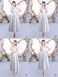 Stunning Sleeveless Tea Length Appliques Lace Up Wedding Guest Dresses with Silver