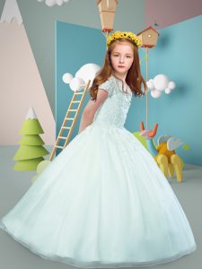 Short Sleeves Floor Length Lace Lace Up Flower Girl Dresses with Apple Green