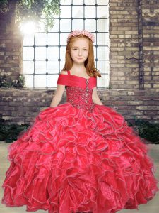 Sleeveless Floor Length Beading and Ruffles Lace Up Kids Formal Wear with Red