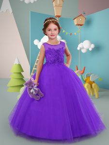 Simple Purple Ball Gowns Tulle Scoop Sleeveless Beading and Lace Floor Length Zipper Toddler Flower Girl Dress