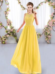 Decent Sleeveless Floor Length Lace Zipper Wedding Guest Dresses with Gold