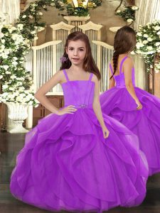 Purple Ball Gowns Tulle Straps Sleeveless Ruffles Floor Length Lace Up Pageant Gowns For Girls