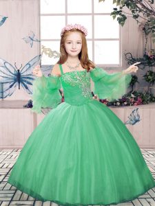 Customized Tulle Straps Sleeveless Lace Up Beading Child Pageant Dress in Green