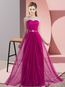 Luxurious Sleeveless Chiffon Floor Length Lace Up Court Dresses for Sweet 16 in Fuchsia with Beading
