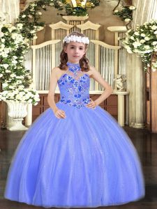 Sleeveless Tulle Floor Length Lace Up Little Girl Pageant Dress in Blue with Appliques