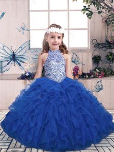 Blue Sleeveless Tulle Lace Up Little Girls Pageant Gowns for Party and Military Ball and Wedding Party