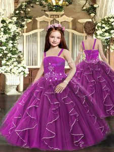 Classical Purple Ball Gowns Ruffles Little Girl Pageant Dress Lace Up Tulle Sleeveless Floor Length