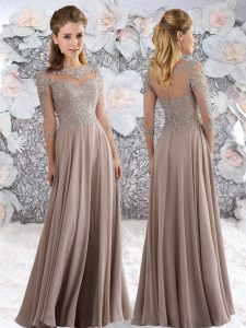 Ideal Grey Zipper Prom Dresses Lace 3 4 Length Sleeve Floor Length